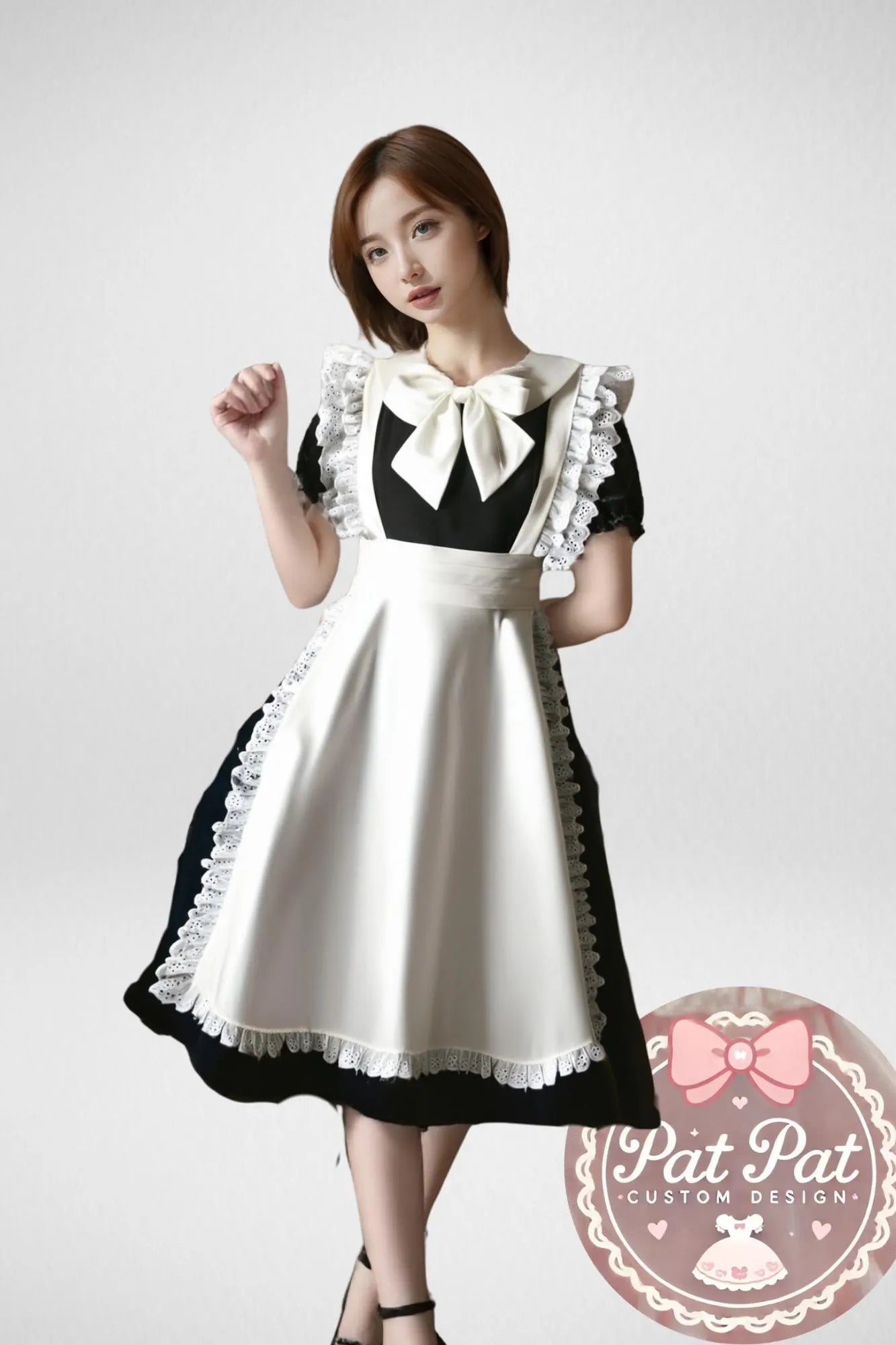Japanese Maid Dress - Black & White Lolita Style Cosplay Costume with Apron (Anime, Maid Cafe, Halloween
