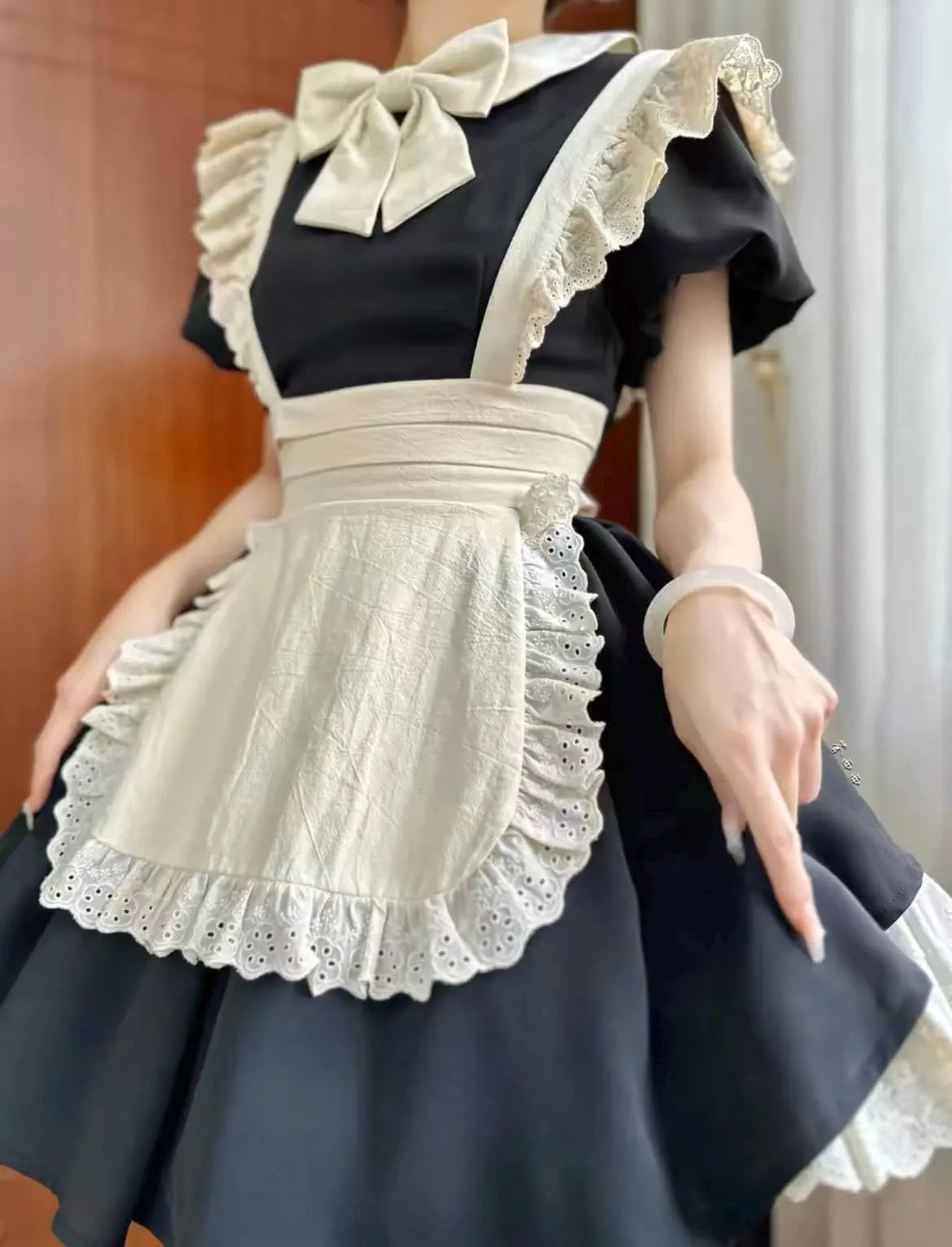 Japanese Maid Dress - Black & White Lolita Style Cosplay Costume with Apron (Anime, Maid Cafe, Halloween