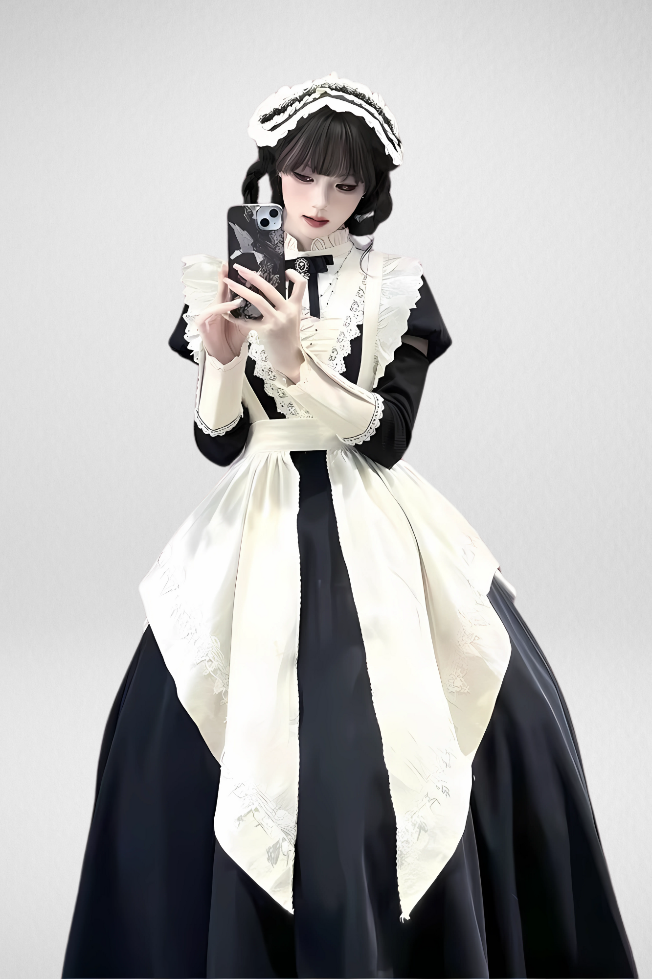 Japanese Long Maid Dress β Lace, Ruffles, and Bow with Apron β Complete Set with detachable sleeves