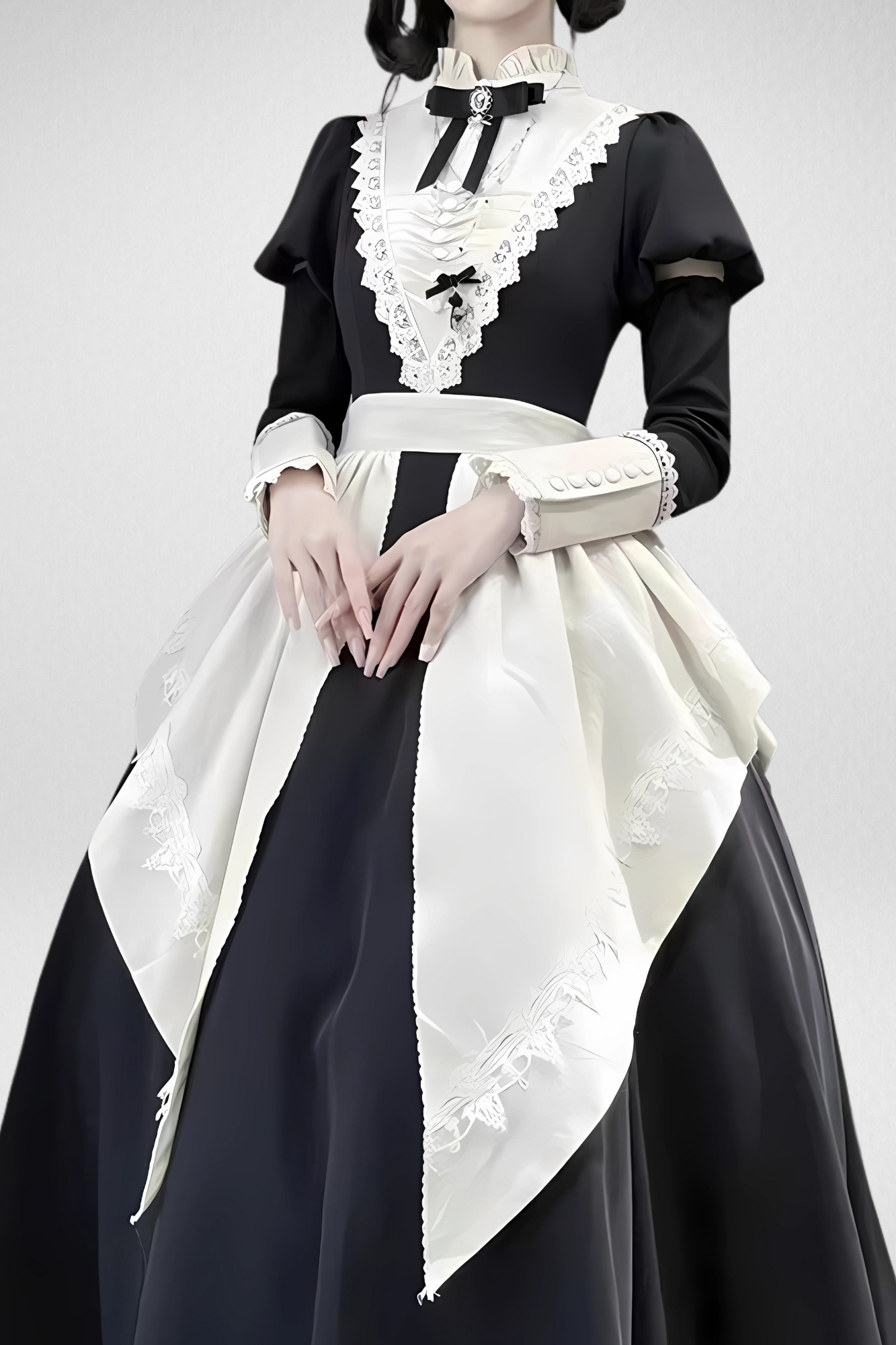 Japanese Long Maid Dress β Lace, Ruffles, and Bow with Apron β Complete Set with detachable sleeves