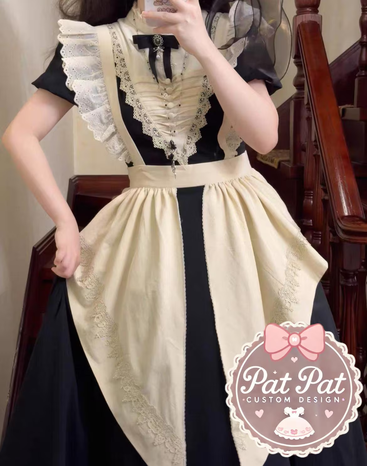 Japanese Long Maid Dress β Lace, Ruffles, and Bow with Apron β Complete Set with detachable sleeves