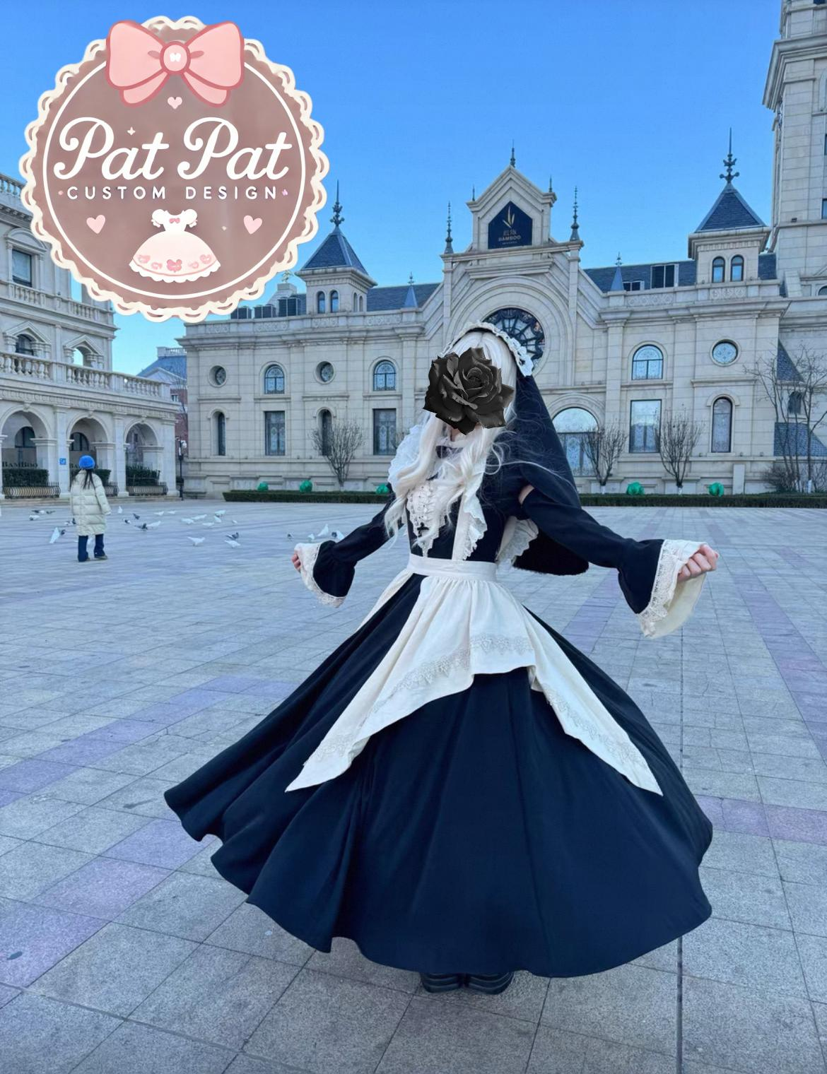 Japanese Long Maid Dress β Lace, Ruffles, and Bow with Apron β Complete Set with detachable sleeves
