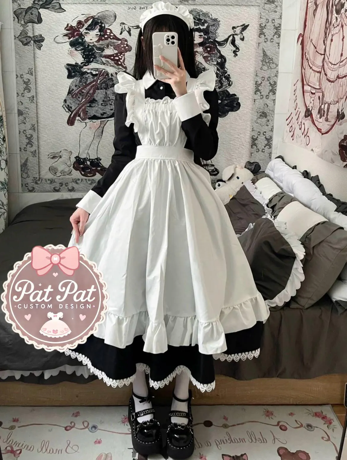 Japanese Maid Dress - Black & White Lolita Style Cosplay Costume with Apron (Anime, Maid Cafe, Halloween