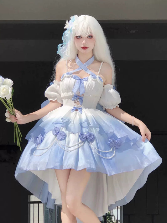 Gradient Blue Bridal Lolita Dress – Princess Rose Design Elegant Princess Party Dress