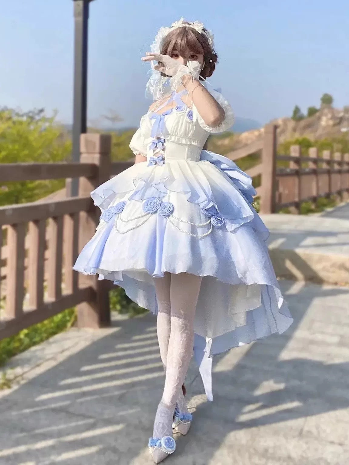 Gradient Blue Bridal Lolita Dress – Princess Rose Design Elegant Princess Party Dress