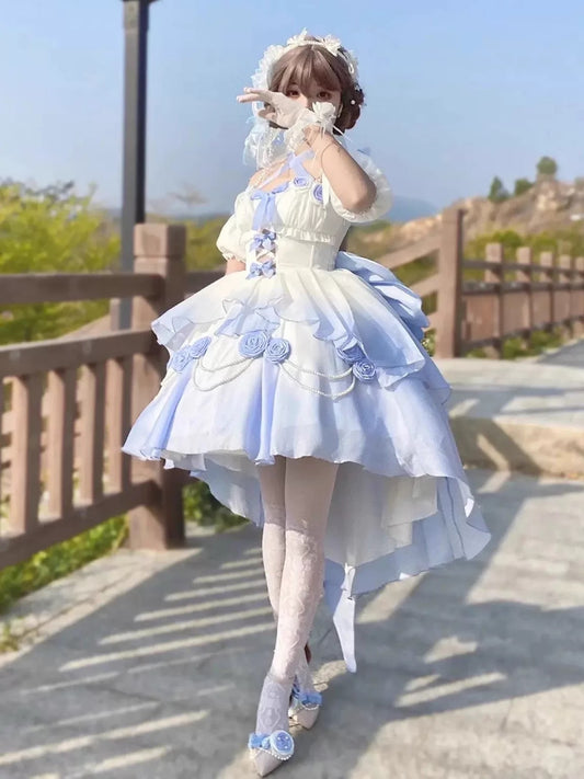 Gradient Blue Bridal Lolita Dress – Princess Rose Design Elegant Princess Party Dress
