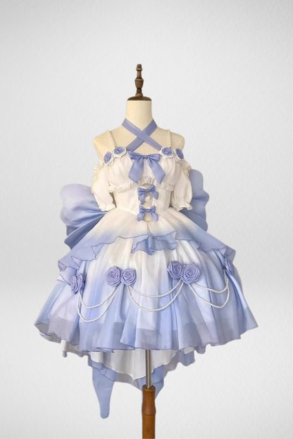 Gradient Blue Bridal Lolita Dress – Princess Rose Design Elegant Princess Party Dress