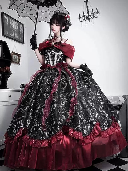 Romantic Garden Off-Shoulder Evening Dress - Black & Red Lolita Princess Gown | Prom Dress | Banquet Hosting Gown | Victorian Ball Gown