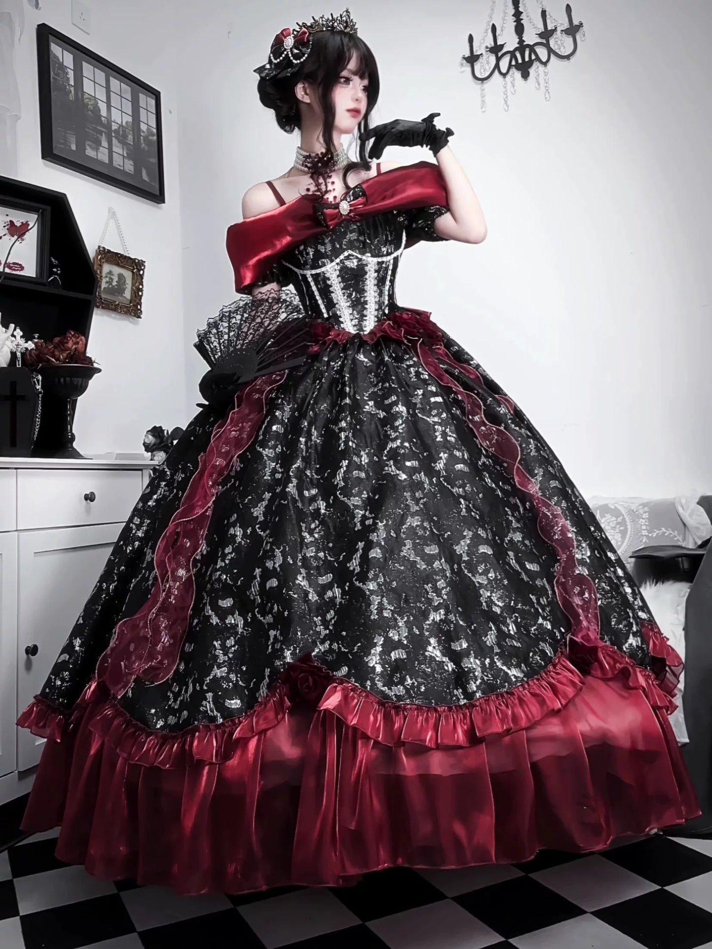 Romantic Garden Off-Shoulder Evening Dress - Black & Red Lolita Princess Gown | Prom Dress | Banquet Hosting Gown | Victorian Ball Gown