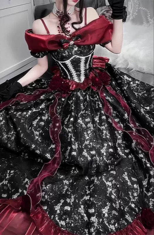 Romantic Garden Off-Shoulder Evening Dress - Black & Red Lolita Princess Gown | Prom Dress | Banquet Hosting Gown | Victorian Ball Gown