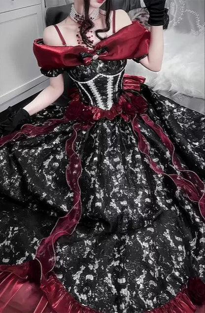 Romantic Garden Off-Shoulder Evening Dress - Black & Red Lolita Princess Gown | Prom Dress | Banquet Hosting Gown | Victorian Ball Gown
