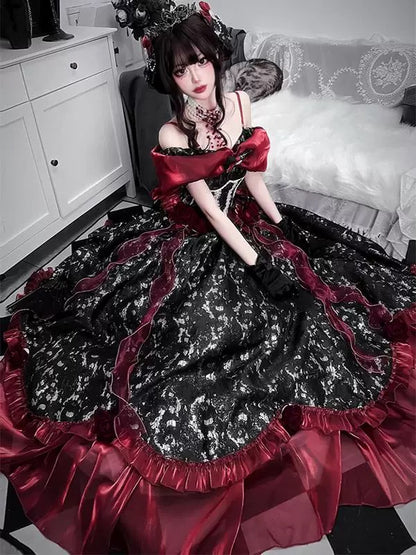 Romantic Garden Off-Shoulder Evening Dress - Black & Red Lolita Princess Gown | Prom Dress | Banquet Hosting Gown | Victorian Ball Gown