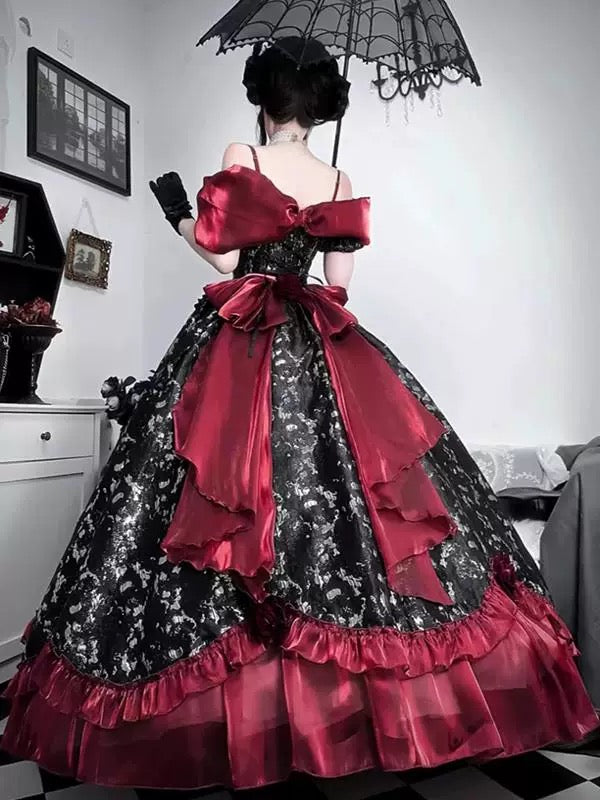 Romantic Garden Off-Shoulder Evening Dress - Black & Red Lolita Princess Gown | Prom Dress | Banquet Hosting Gown | Victorian Ball Gown