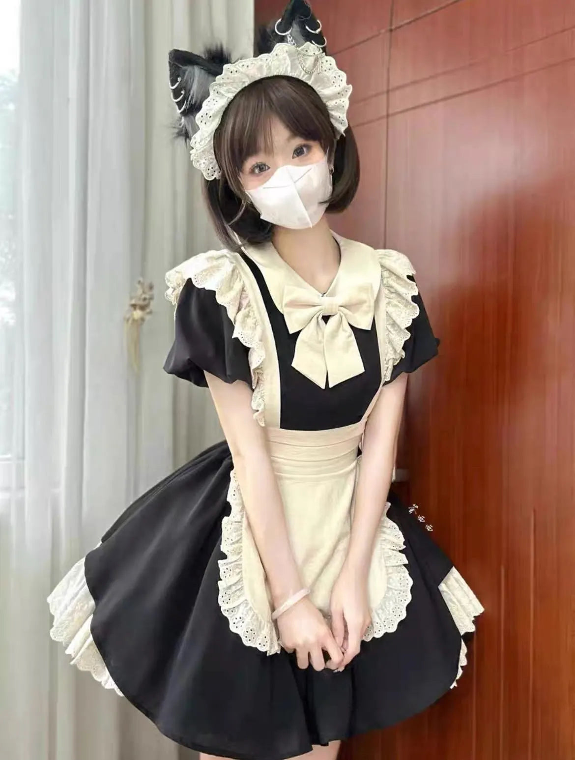 Japanese Maid Dress - Black & White Lolita Style Cosplay Costume with Apron (Anime, Maid Cafe, Halloween