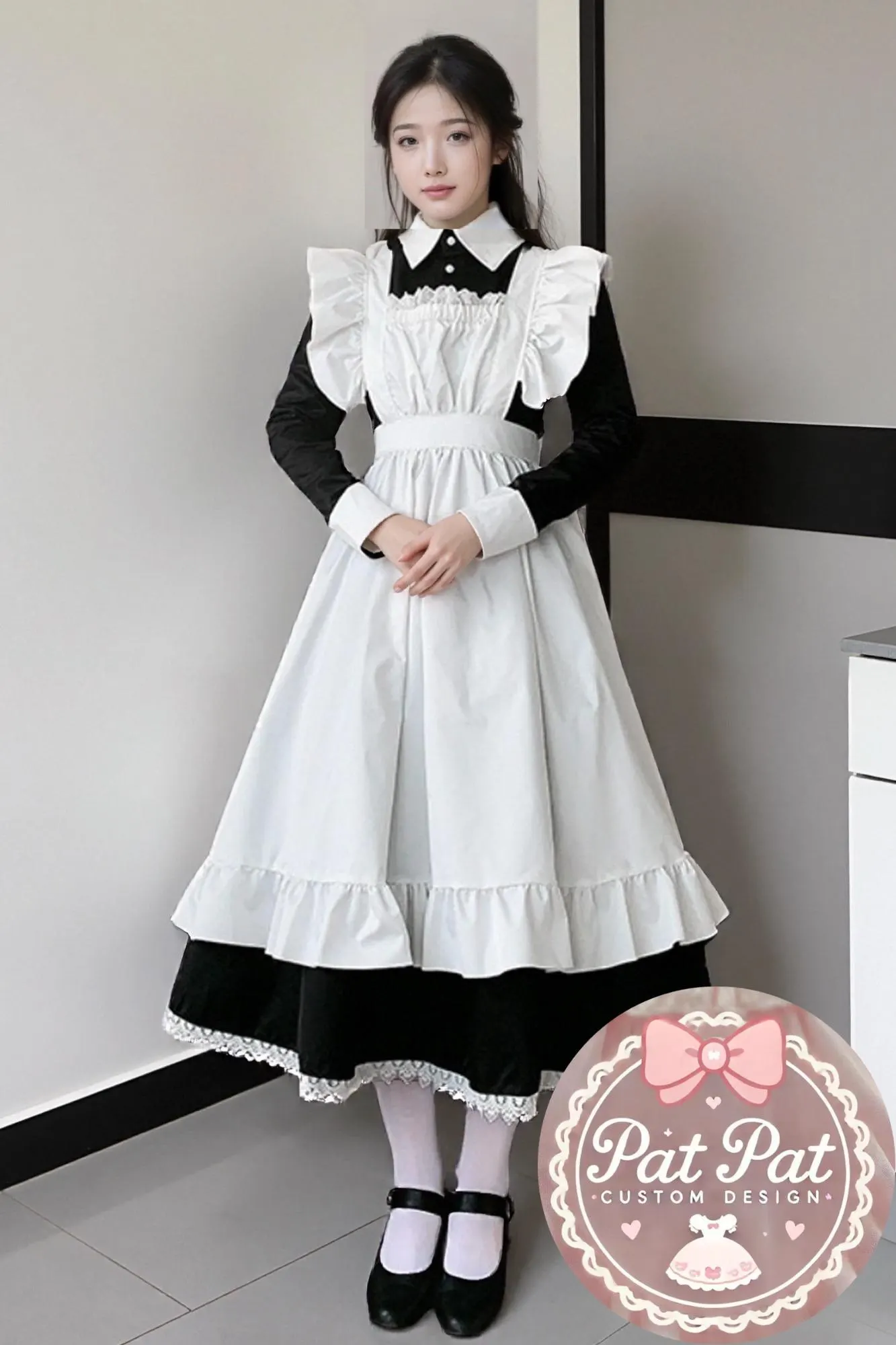 Japanese Maid Dress - Black & White Lolita Style Cosplay Costume with Apron (Anime, Maid Cafe, Halloween