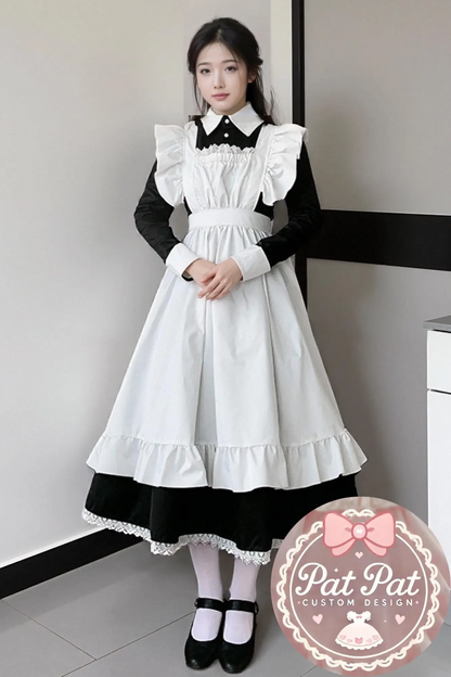 Japanese Maid Dress - Black & White Lolita Style Cosplay Costume with Apron (Anime, Maid Cafe, Halloween