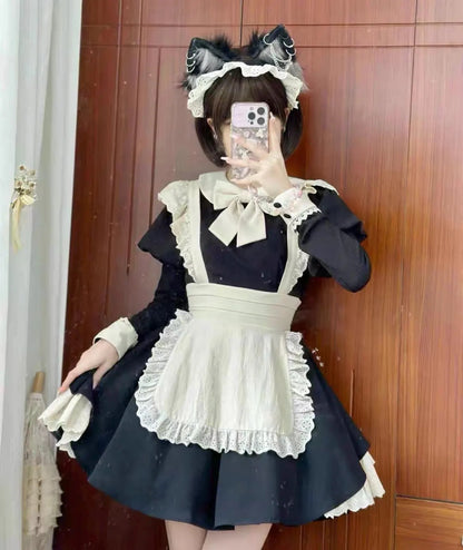 Japanese Maid Dress - Black & White Lolita Style Cosplay Costume with Apron (Anime, Maid Cafe, Halloween