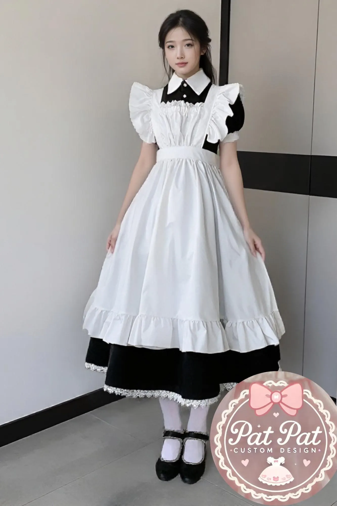 Japanese Maid Dress - Black & White Lolita Style Cosplay Costume with Apron (Anime, Maid Cafe, Halloween