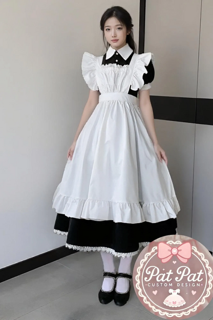 Japanese Maid Dress - Black & White Lolita Style Cosplay Costume with Apron (Anime, Maid Cafe, Halloween
