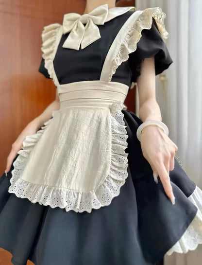 Japanese Maid Dress - Black & White Lolita Style Cosplay Costume with Apron (Anime, Maid Cafe, Halloween