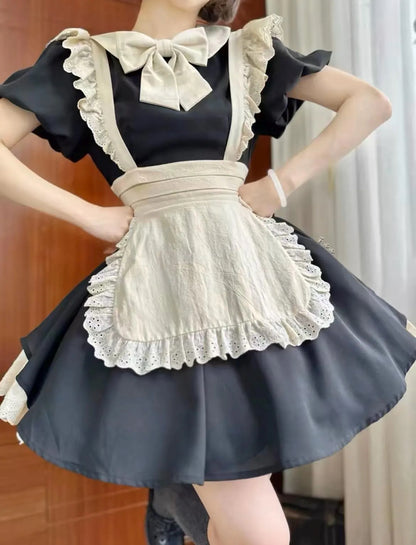 Japanese Maid Dress - Black & White Lolita Style Cosplay Costume with Apron (Anime, Maid Cafe, Halloween