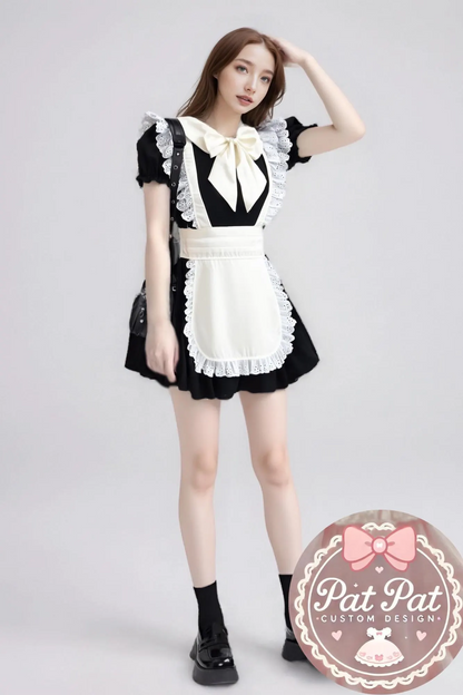 Japanese Maid Dress - Black & White Lolita Style Cosplay Costume with Apron (Anime, Maid Cafe, Halloween