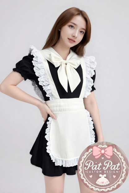 Japanese Maid Dress - Black & White Lolita Style Cosplay Costume with Apron (Anime, Maid Cafe, Halloween
