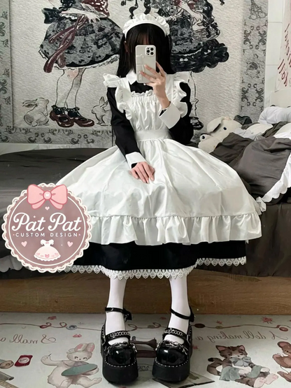 Japanese Maid Dress - Black & White Lolita Style Cosplay Costume with Apron (Anime, Maid Cafe, Halloween