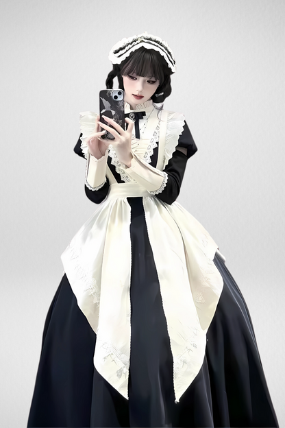 Japanese Long Maid Dress – Lace, Ruffles, and Bow with Apron – Complete Set with detachable sleeves