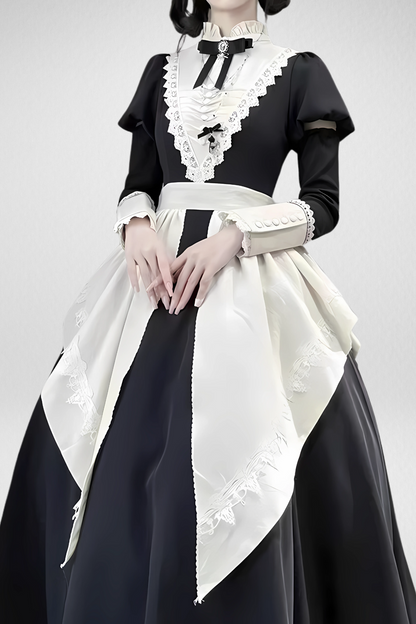 Japanese Long Maid Dress – Lace, Ruffles, and Bow with Apron – Complete Set with detachable sleeves