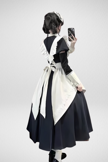 Japanese Long Maid Dress – Lace, Ruffles, and Bow with Apron – Complete Set with detachable sleeves