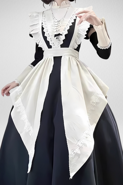 Japanese Long Maid Dress – Lace, Ruffles, and Bow with Apron – Complete Set with detachable sleeves