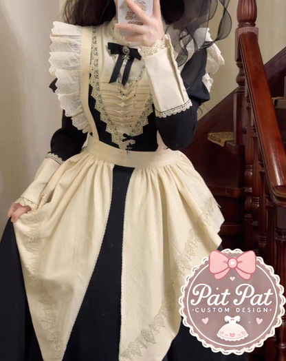 Japanese Long Maid Dress – Lace, Ruffles, and Bow with Apron – Complete Set with detachable sleeves