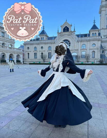 Japanese Long Maid Dress – Lace, Ruffles, and Bow with Apron – Complete Set with detachable sleeves