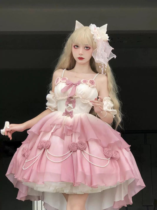 Gradient Pink Bridal Lolita Dress – Princess Rose Design Elegant Princess Party Dress