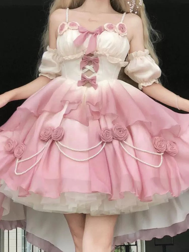 Gradient Pink Bridal Lolita Dress – Princess Rose Design Elegant Princess Party Dress
