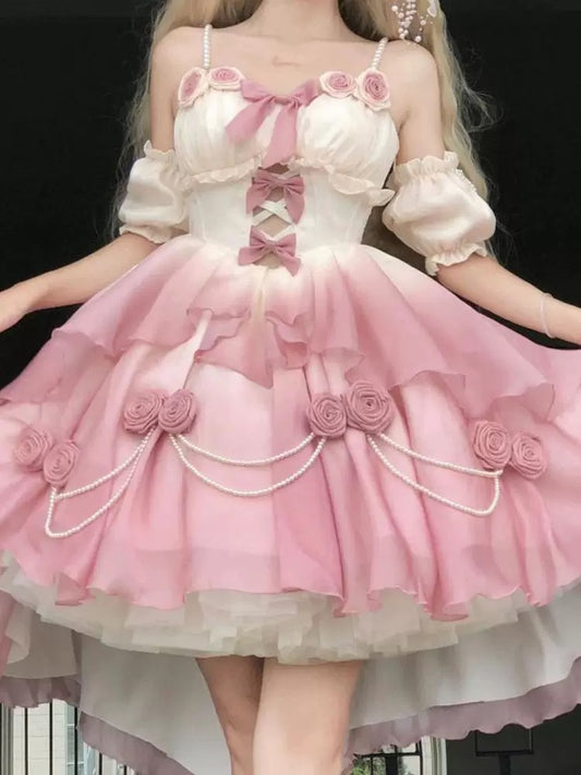 Gradient Pink Bridal Lolita Dress – Princess Rose Design Elegant Princess Party Dress