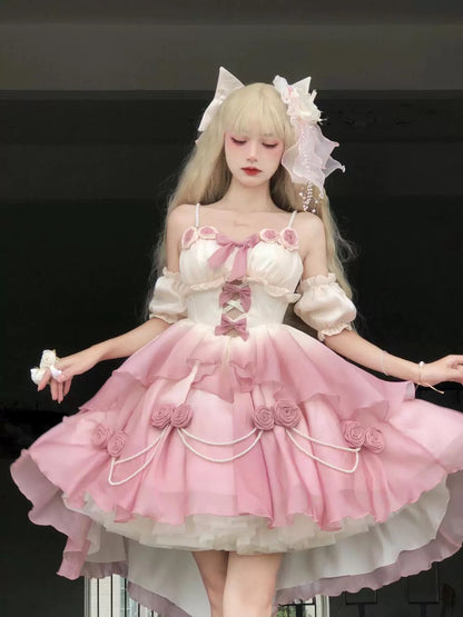 Gradient Pink Bridal Lolita Dress – Princess Rose Design Elegant Princess Party Dress