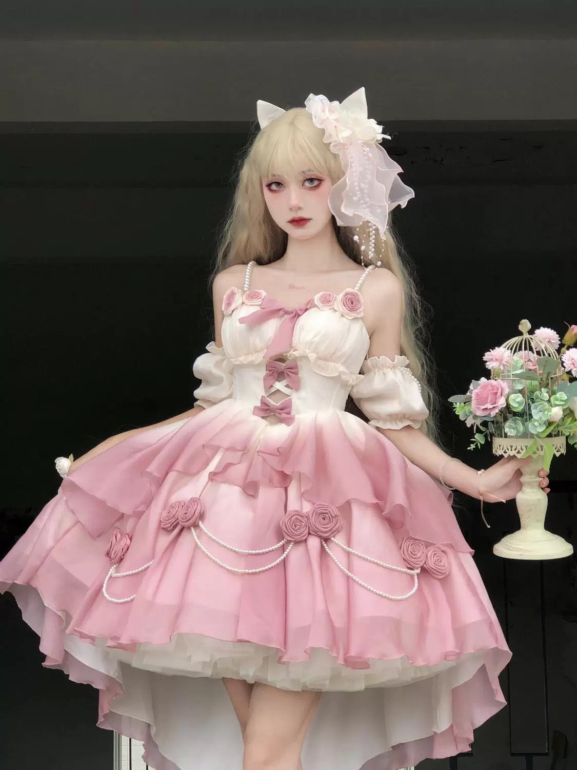 Gradient Pink Bridal Lolita Dress – Princess Rose Design Elegant Princess Party Dress