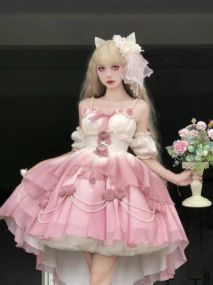 Gradient Pink Bridal Lolita Dress – Princess Rose Design Elegant Princess Party Dress