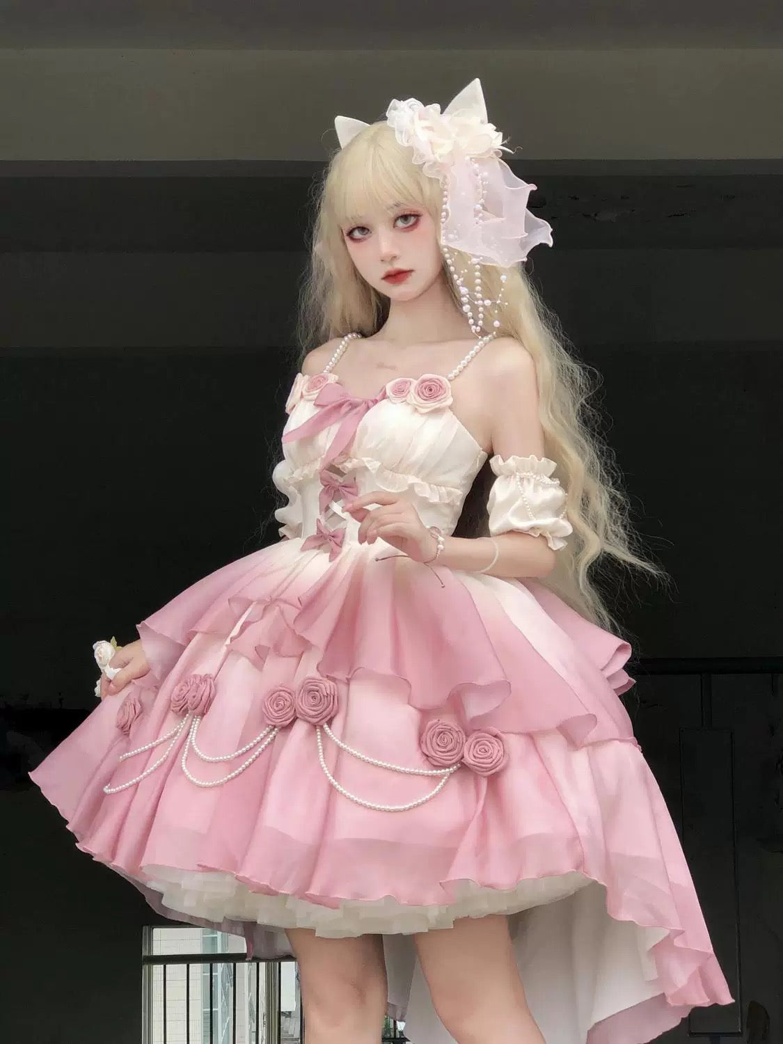Gradient Pink Bridal Lolita Dress – Princess Rose Design Elegant Princess Party Dress