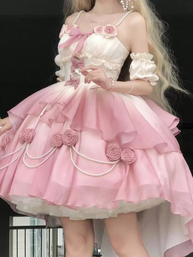Gradient Pink Bridal Lolita Dress – Princess Rose Design Elegant Princess Party Dress