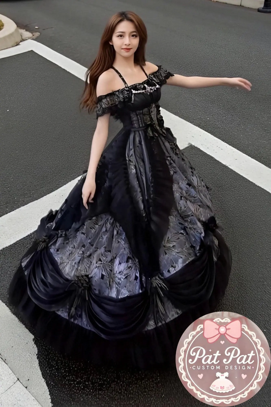 Diana Off-Shoulder Evening Gown - Royal black Ball Gown for Prom/Wedding/Banquet | Prom Dress | Banquet Hosting Gown | Victorian Ball Gown
