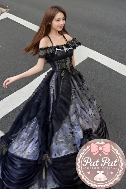 Diana Off-Shoulder Evening Gown - Royal black Ball Gown for Prom/Wedding/Banquet | Prom Dress | Banquet Hosting Gown | Victorian Ball Gown